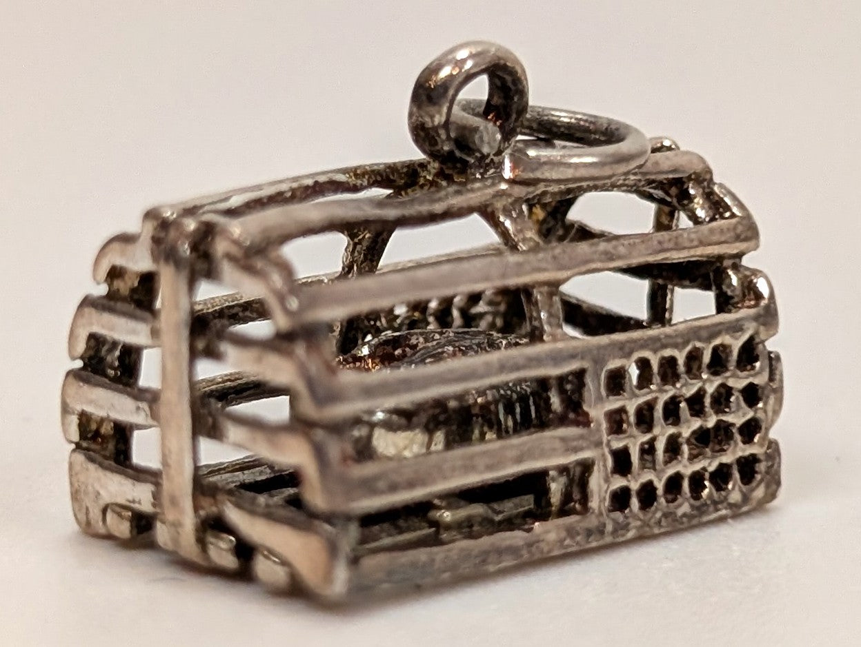 Vintage Sterling Silver Lobster Trap with Lobster Inside Charm - Antique Maine Lobster Trap with Lobster Inside Pendant
