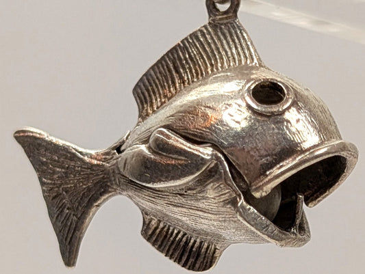 Antique Sterling Silver Fish Charm with Pearl Inside Mouth - Aquatic Sterling Silver Sea Creature Fish Pendant