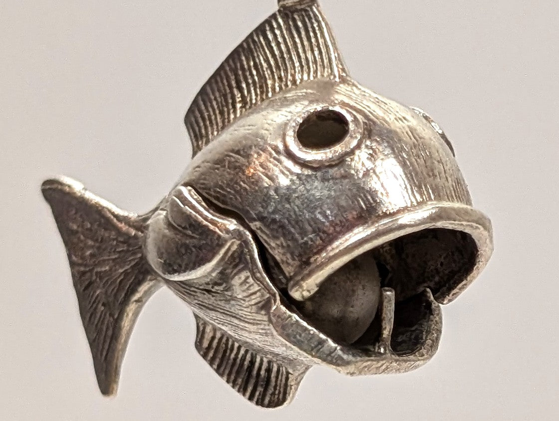 Antique Sterling Silver Fish Charm with Pearl Inside Mouth - Aquatic Sterling Silver Sea Creature Fish Pendant