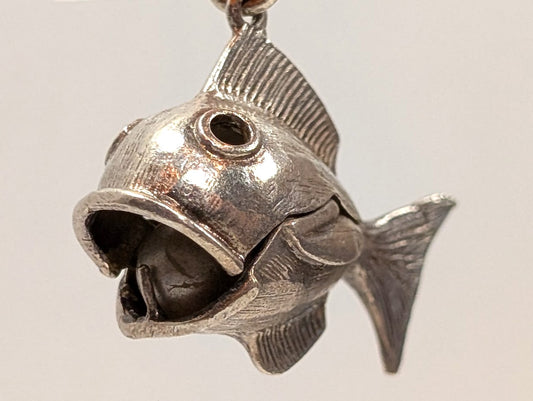Antique Sterling Silver Fish Charm with Pearl Inside Mouth - Aquatic Sterling Silver Sea Creature Fish Pendant
