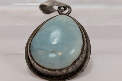 Sterling Larimar Stone Teardrop Pendant - Tested Sterling Silver - Dominican Republic Jewelry