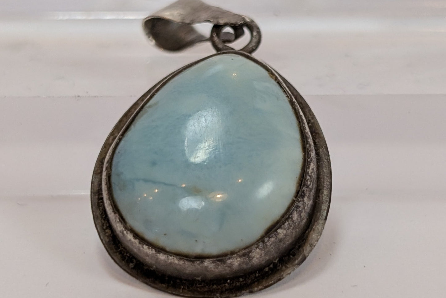 Sterling Larimar Stone Teardrop Pendant - Tested Sterling Silver - Dominican Republic Jewelry