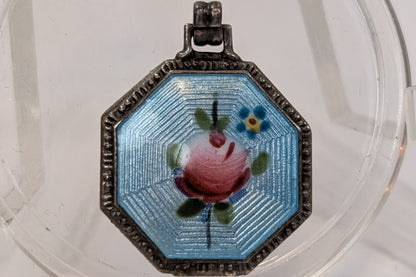 Antique Sterling Guilloche Enamel Rose Charm - Stamped and Tested Sterling Silver - Art Deco - Art Nouveau