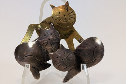 Mexican Silver 3 Kittens Pin - Stamped and Tested Sterling Silver - Gold and Silver Tone