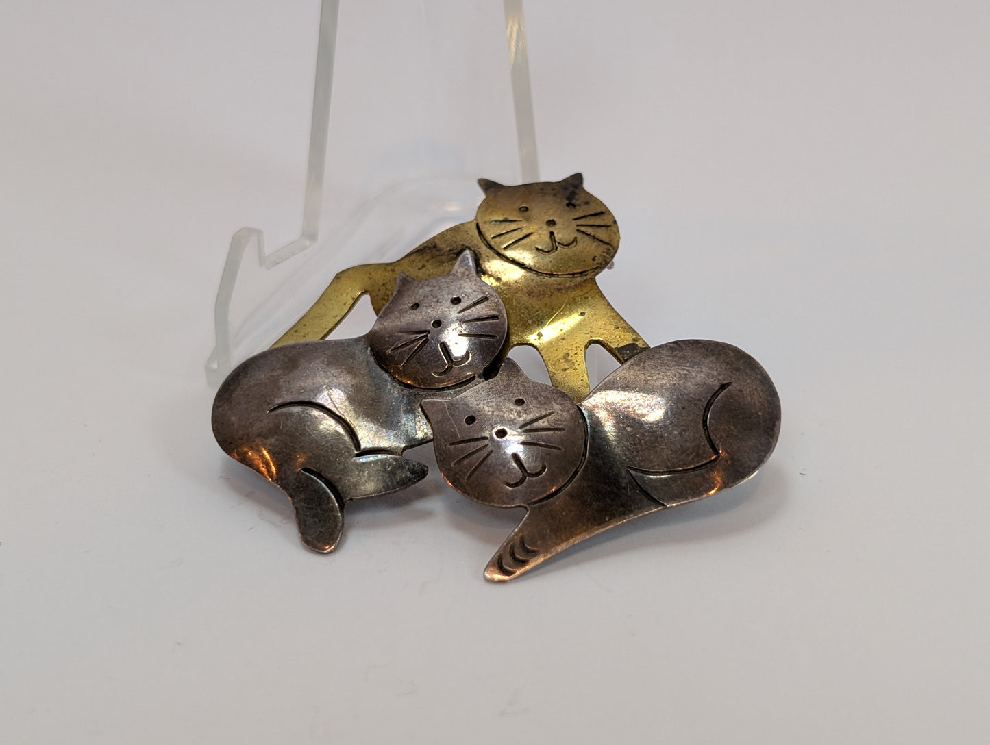 Mexican Silver 3 Kittens Pin - Stamped and Tested Sterling Silver - Gold and Silver Tone