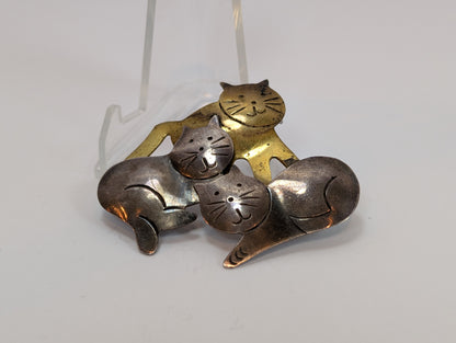 Mexican Silver 3 Kittens Pin - Stamped and Tested Sterling Silver - Gold and Silver Tone