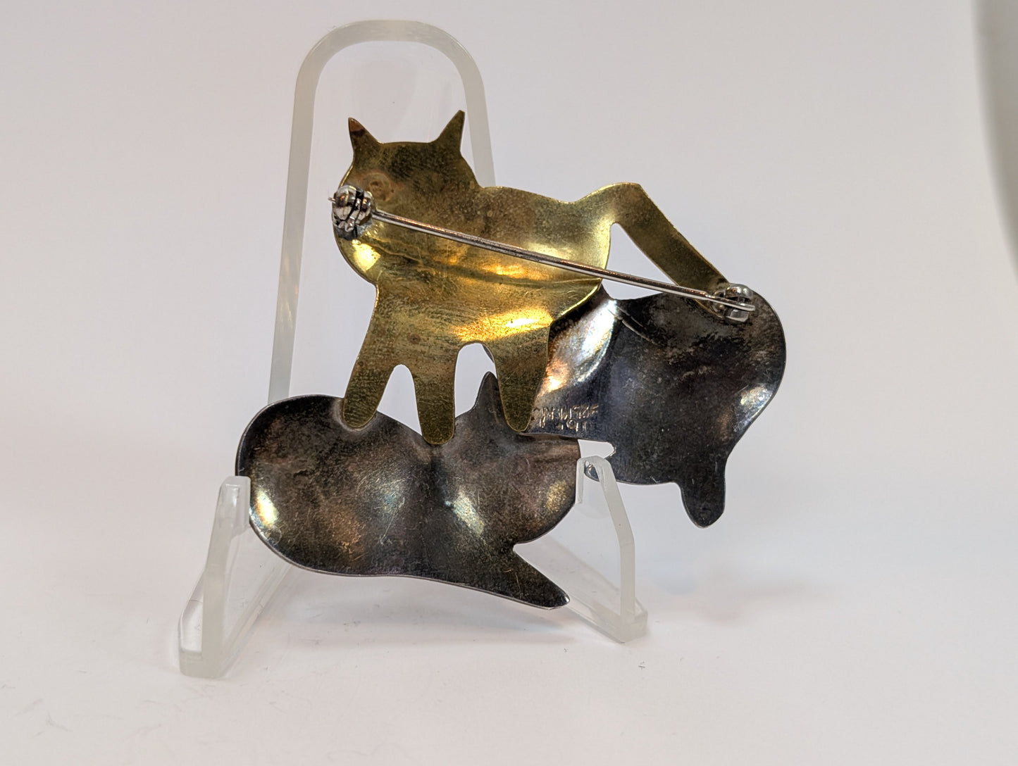 Mexican Silver 3 Kittens Pin - Stamped and Tested Sterling Silver - Gold and Silver Tone