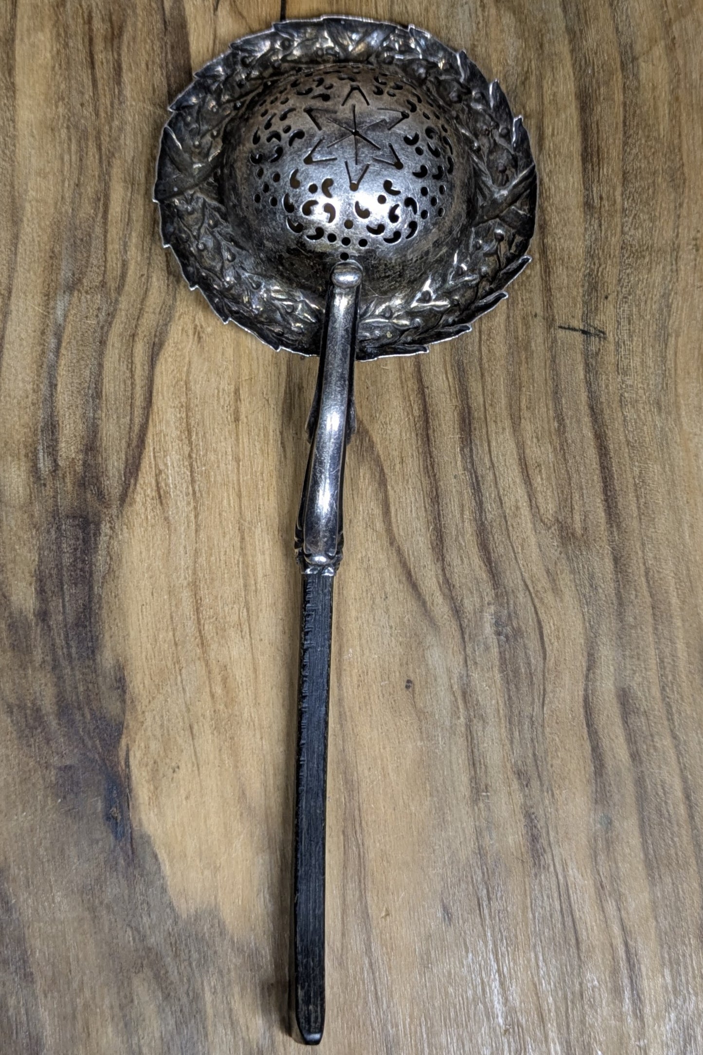 Sterling Silver Wreathed Star Tea Infuser with Wood Handle - Stamped and Tested Sterling Silver - Unique Sterling Tea Infuser