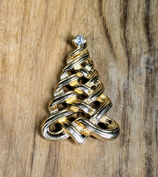 Stunning Avon Gold Tone Christmas Tree Rhinestone Brooch - 1.25 Inches Tall - Vintage Avon Holiday Pin