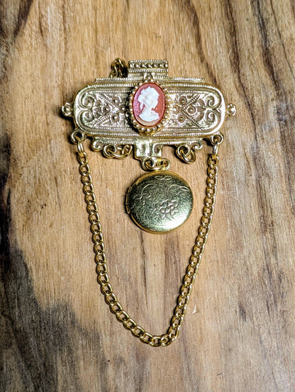 Stunning Goldtone Faux Cameo Drop Locket Brooch - 1.5" Long - Vintage Art Deco Cameo Chain and Locket Brooch