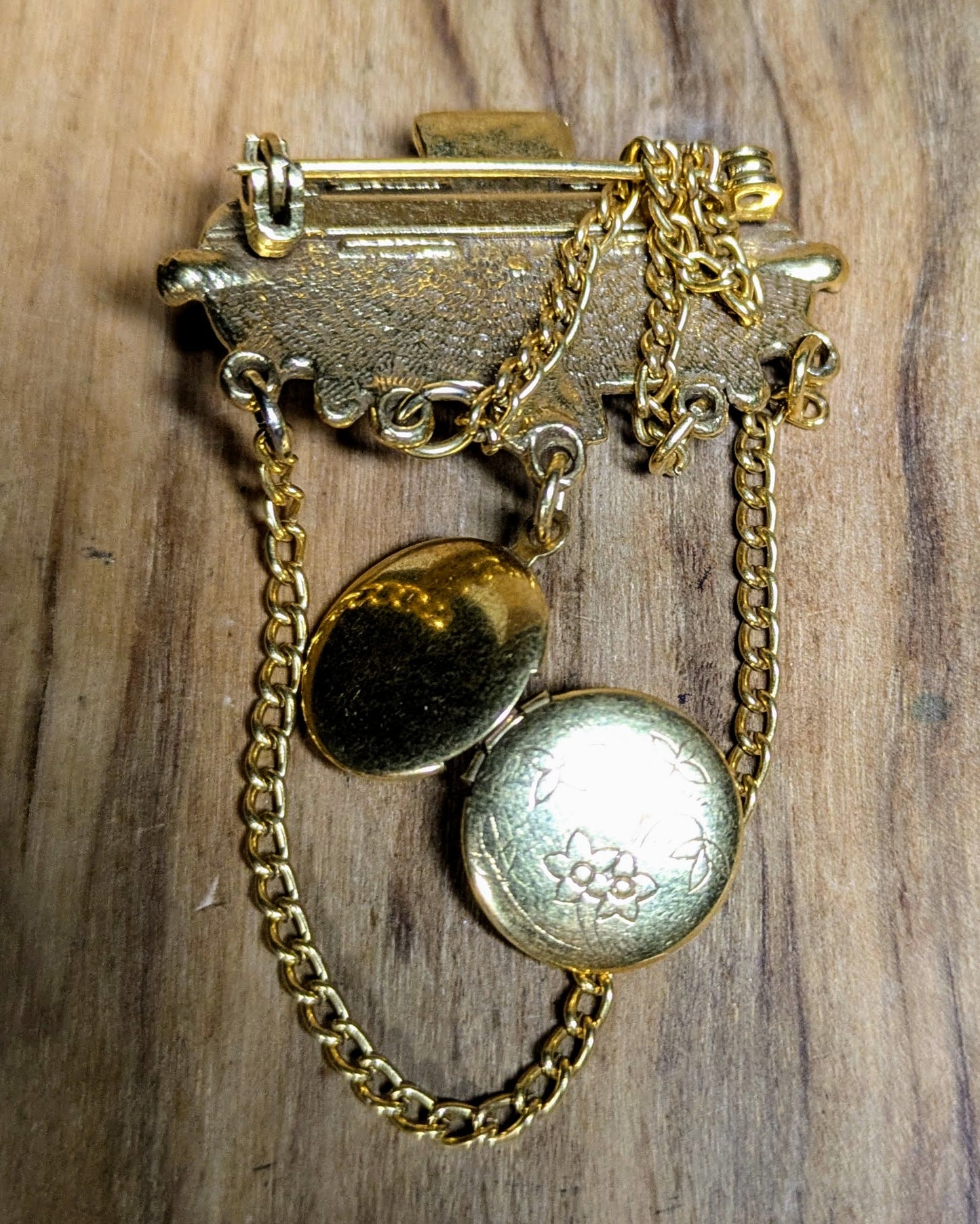 Stunning Goldtone Faux Cameo Drop Locket Brooch - 1.5" Long - Vintage Art Deco Cameo Chain and Locket Brooch