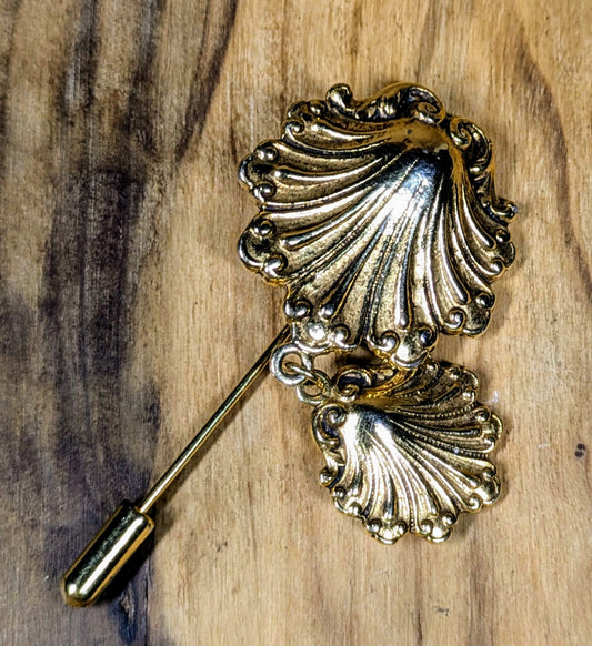 RARE Yves Saint Laurent Goldtone Scalloped Seashell Charm Stick Pin - High End Designer - Vintage YSL Scalloped Hat Stick Pin