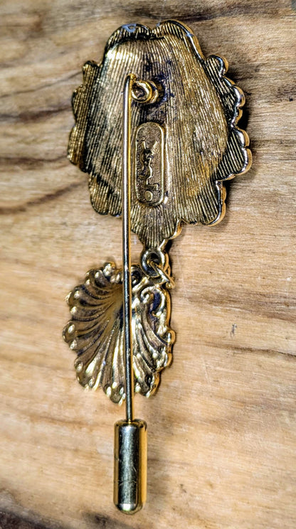 RARE Yves Saint Laurent Goldtone Scalloped Seashell Charm Stick Pin - High End Designer - Vintage YSL Scalloped Hat Stick Pin