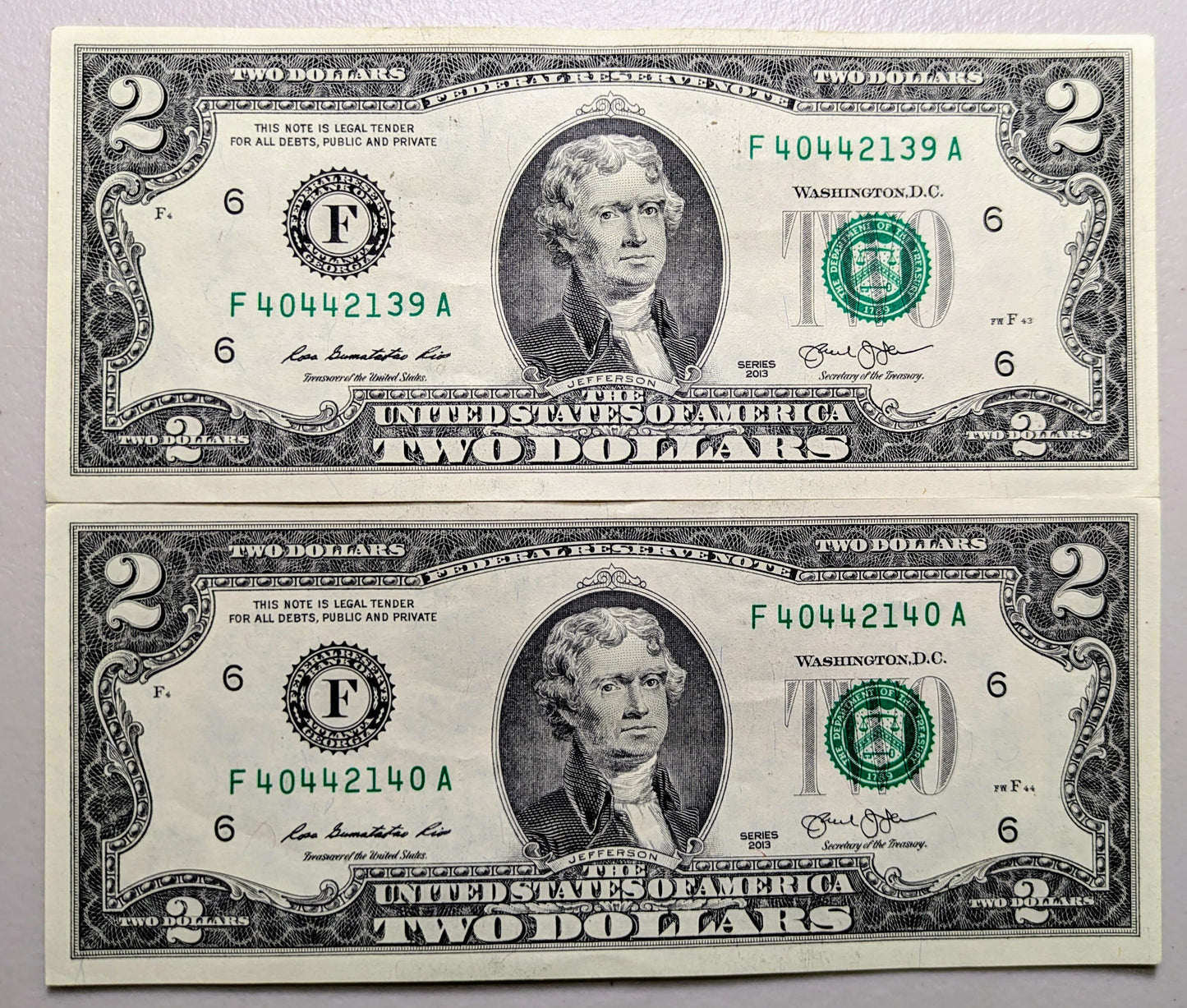 2013 Consecutive fancy Serial Pair of 2 Dollar Notes - Bookend Pattern Serial - 2013 Two Dollars Sequential Serial Notes - Fr.1940-F
