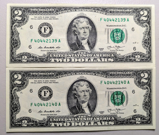2013 Consecutive fancy Serial Pair of 2 Dollar Notes - Bookend Pattern Serial - 2013 Two Dollars Sequential Serial Notes - Fr.1940-F