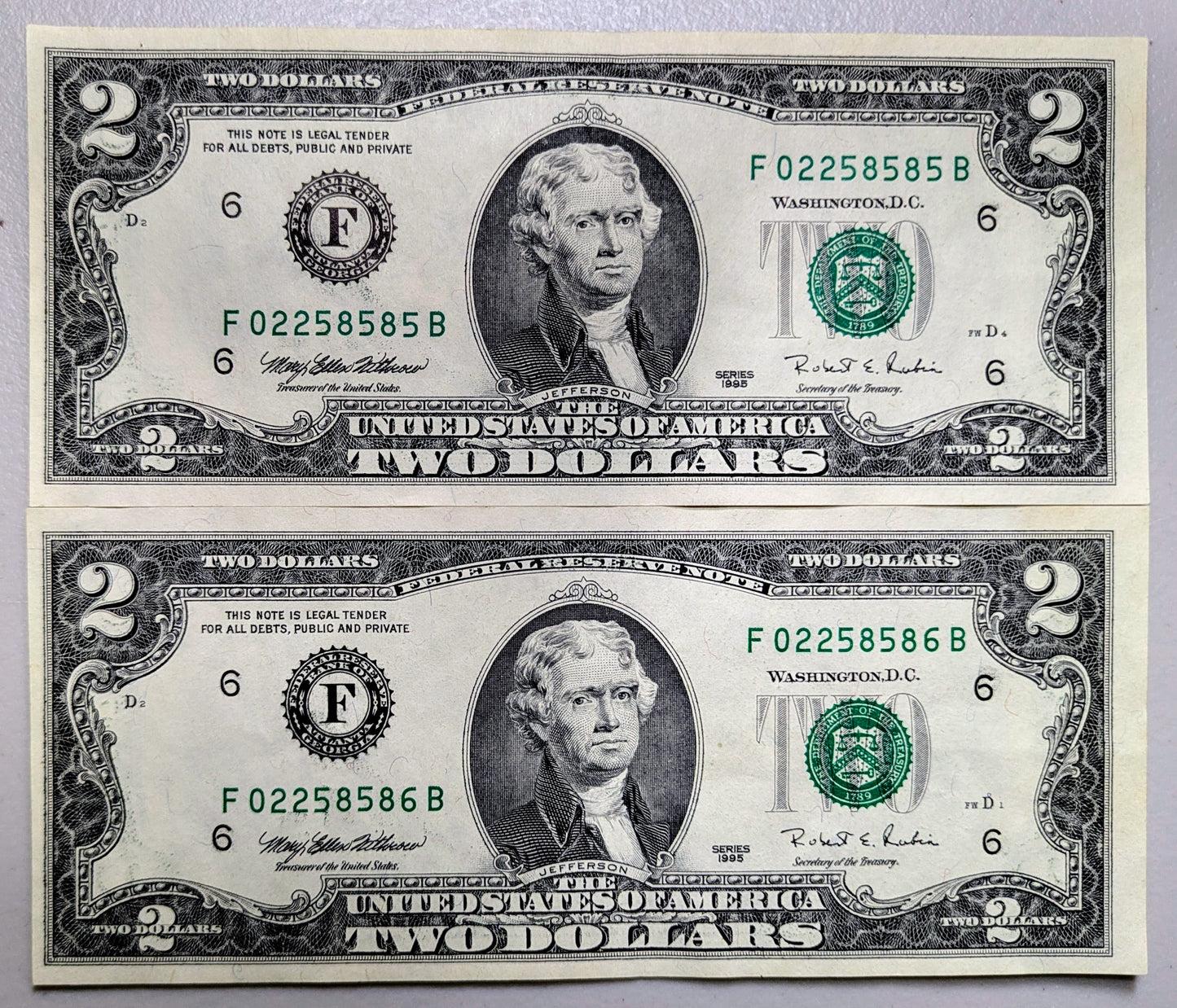 1995 Consecutive Fancy Serial Pair of 2 Dollar Notes - Repeating Pattern Serial - 1995 Two Dollars Sequential Serial Notes - Fr.1936-F