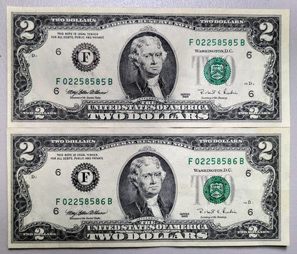 1995 Consecutive Fancy Serial Pair of 2 Dollar Notes - Repeating Pattern Serial - 1995 Two Dollars Sequential Serial Notes - Fr.1936-F