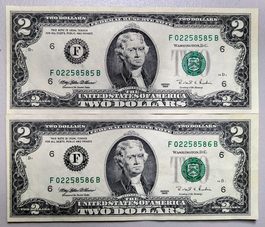 1995 Consecutive Fancy Serial Pair of 2 Dollar Notes - Repeating Pattern Serial - 1995 Two Dollars Sequential Serial Notes - Fr.1936-F