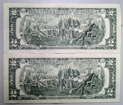 1995 Consecutive Fancy Serial Pair of 2 Dollar Notes - Repeating Pattern Serial - 1995 Two Dollars Sequential Serial Notes - Fr.1936-F