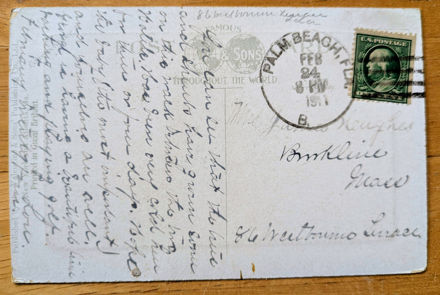 1911 Ocean Avenue, Palm Beach, Florida Postcard - Valentine & Sons - Antique Color Lithograph Palm Beach FL Postcard