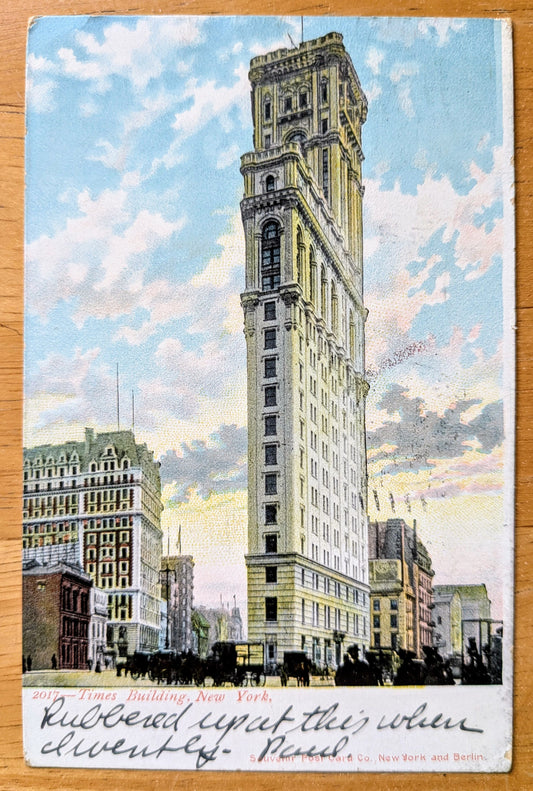 1906 Times Building Street View New York City Postcard - Souvenir Post Card Co. - Antique Color Lithograph Times Building NY Postcard
