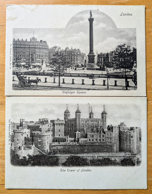 Lot of 2 1910s Wrench Series London Sights Postcards - Trafalgar Square and Tower of London - Antique Lithograph British Postcards