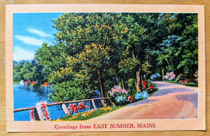 1930s Greetings from East Sumner Maine Postcard - Colorful Linen Postcard - Antique Nycecolor Landscapes East Sumner ME Postcard