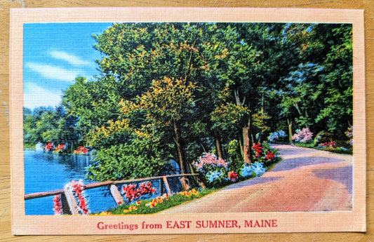 1930s Greetings from East Sumner Maine Postcard - Colorful Linen Postcard - Antique Nycecolor Landscapes East Sumner ME Postcard