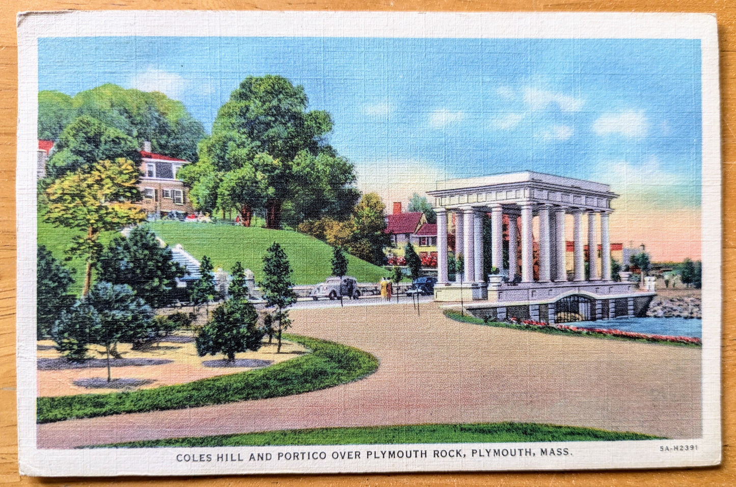 1936 Coles Hill and Plymouth Rock Portico Linen Postcard - Colorful Postcard - Antique Plymouth Rock Massachusetts Postcard