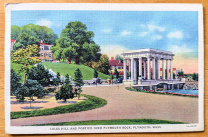 1936 Coles Hill and Plymouth Rock Portico Linen Postcard - Colorful Postcard - Antique Plymouth Rock Massachusetts Postcard