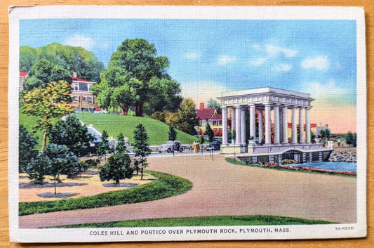1936 Coles Hill and Plymouth Rock Portico Linen Postcard - Colorful Postcard - Antique Plymouth Rock Massachusetts Postcard