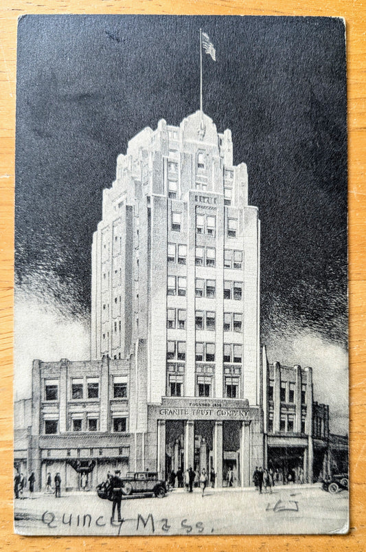 1920s Granite Trust Building Quincy, Mass Black and White Postcard - Granite City Postcard - Antique B+W Lithograph Quincy MA Postcard