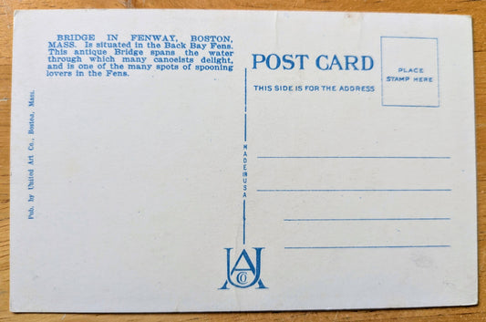 1920s Bridge in Fenway, Boston, Massachusetts Postcard - Vintage Backbay Fens - Antique Chromo Lithograph Boston MA Postcard