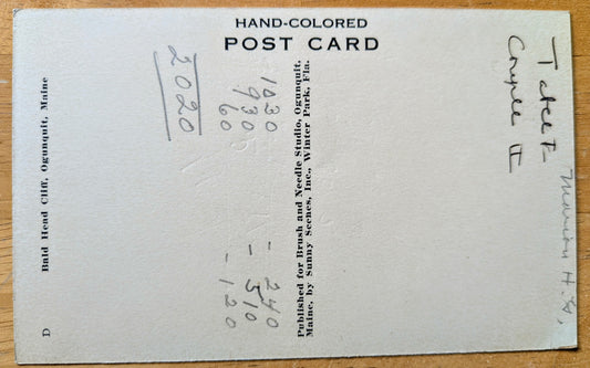 1920s Handcolored Bald Head Cliff Ogunquit Maine Postcard - Antique Hand Colored Ogunquit Beach ME Postcard