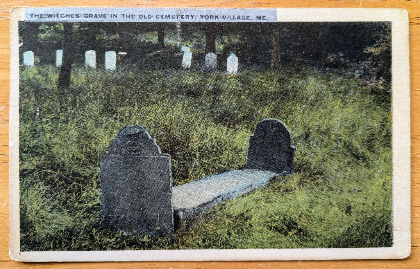 1929 The Witches Grave in the Old Cemetery, York Village, Maine Postcard - Antique Chromo Lithograph Graveyard York Village ME Postcard