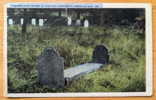 1929 The Witches Grave in the Old Cemetery, York Village, Maine Postcard - Antique Chromo Lithograph Graveyard York Village ME Postcard