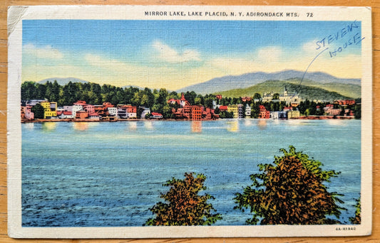 1938 Mirror Lake, Lake Placid, Adirondack Mountains NY Linen Postcard - Colorful Lithograph - Antique New York Mts. Postcard