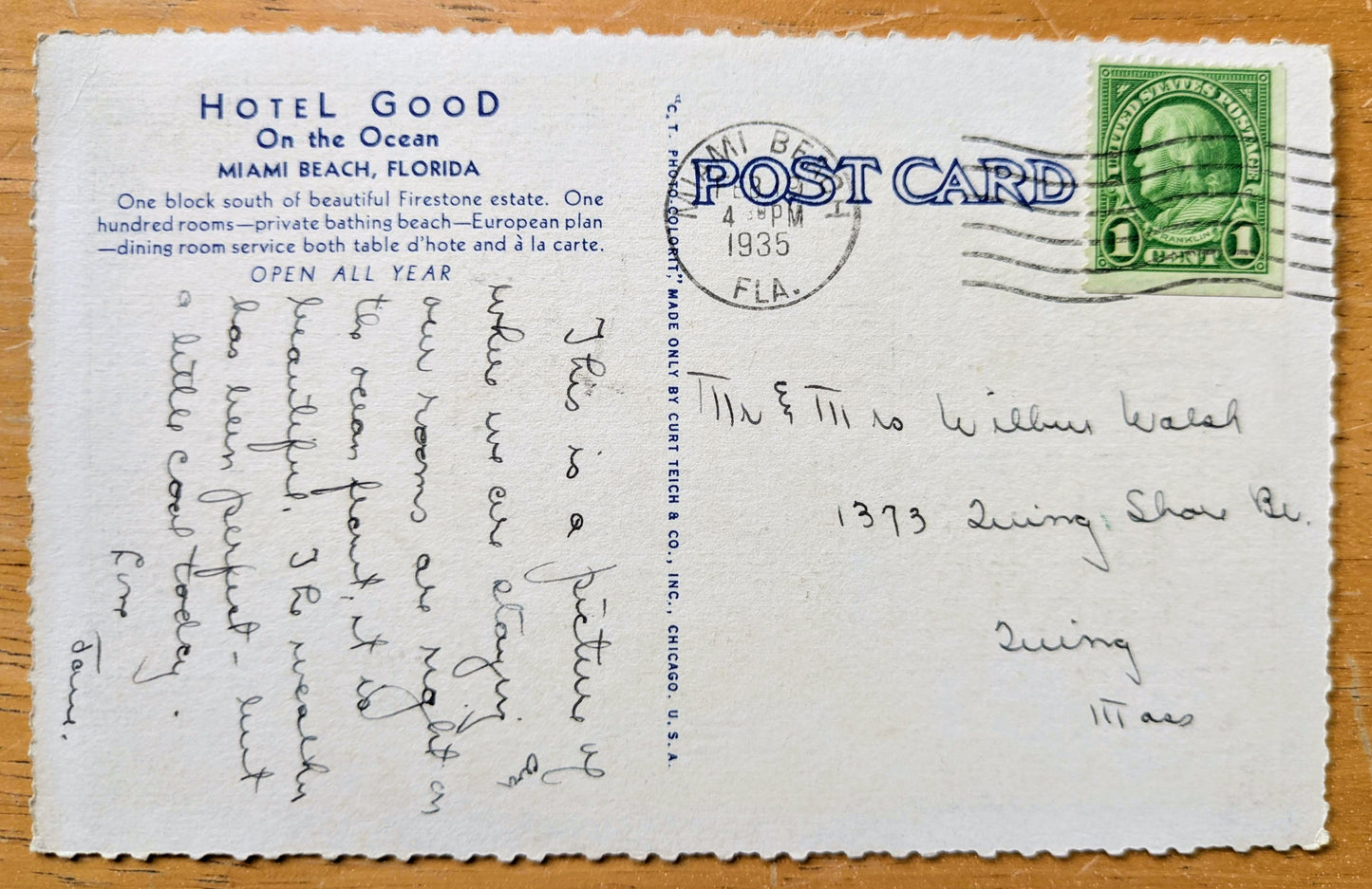 1935 Hotel Good Miami Beach Florida 'On the Beach' Linen Postcard - Textured Border - Antique Miami Beach FL Postcard