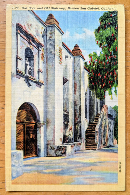 1940 Old Door and Old Stairway, Mission San Gabriel CA Linen Postcard - Chromo Lithograph - Antique California Postcard