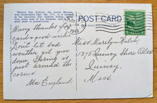 1940 Old Door and Old Stairway, Mission San Gabriel CA Linen Postcard - Chromo Lithograph - Antique California Postcard