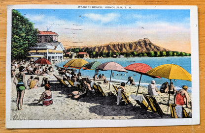 1937 Waikiki Beach, Honolulu, Hawaii Linen Postcard - Chromo Lithograph - Antique Honolulu Hawaii Postcard
