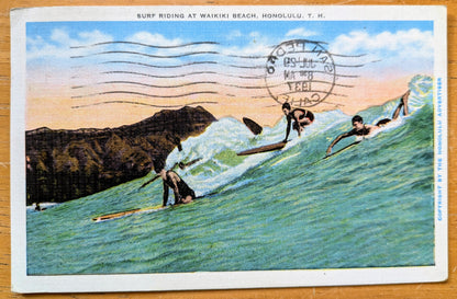 1937 Surf Riding at Waikiki Beach, Honolulu, Hawaii Linen Postcard - Chromo Lithograph - Antique Honolulu Beach Hawaii Postcard