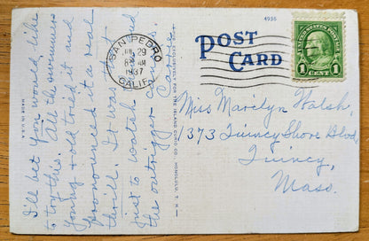 1937 Surf Riding at Waikiki Beach, Honolulu, Hawaii Linen Postcard - Chromo Lithograph - Antique Honolulu Beach Hawaii Postcard