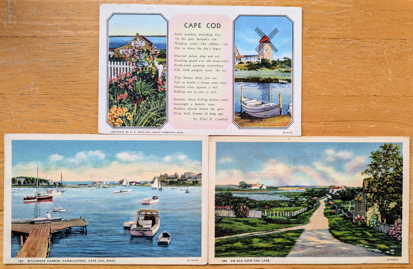 Lot of 3 1930s Cape Cod Views and Poem Linen Postcards - Vintage Cape Cod MA - Antique Chromo Lithograph Cape Cod Mass. Postcards