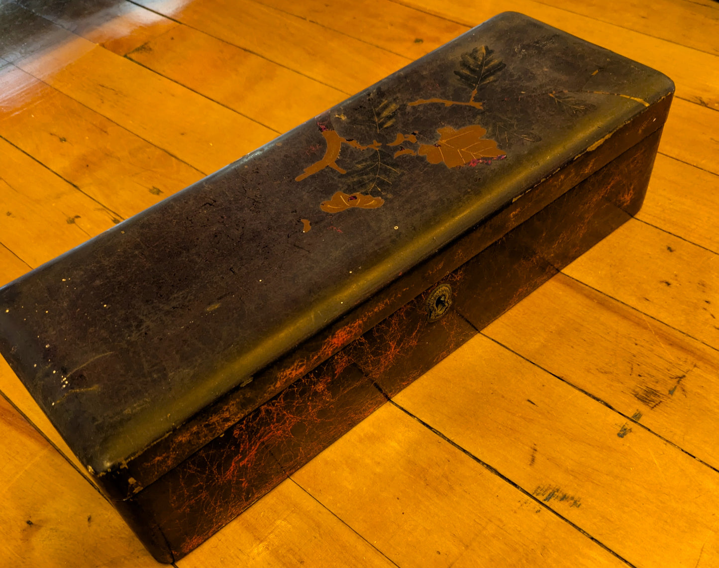 Antique Japanese Leaf Design Jewelry Box - Trinket Box - Treasure Chest - Made in Japan - Slight Paint Chipping