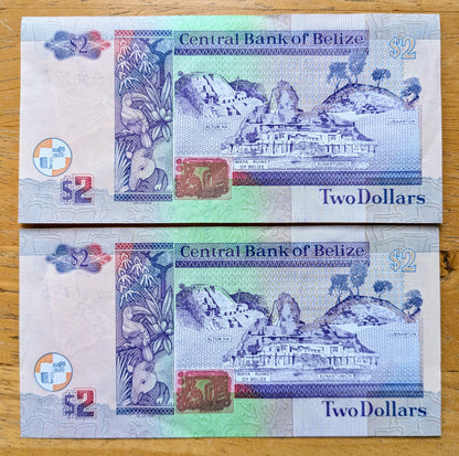 Consecutive Pair of 2002 Belize 2 Dollar Notes - Issued Jan. 1st, 2002 - 2002 British Belize Two Dollars Sequential Banknotes - P#60b