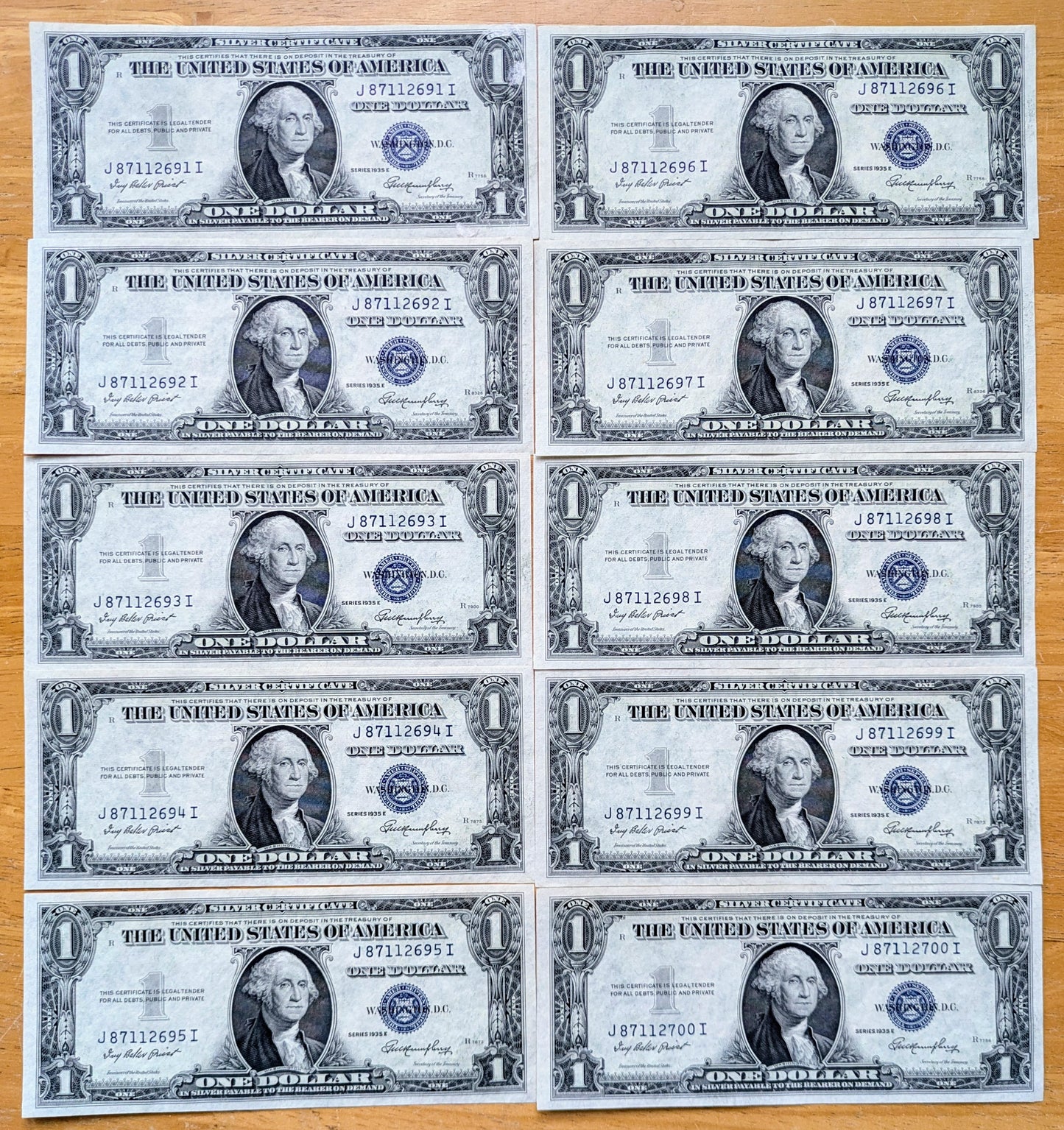 Set of 10 1935 E Silver Certificate 1 Dollar Consecutive Notes - Sequential Serial Numbers - 1935E One Dollar Blue Seal Note - Fr#1614