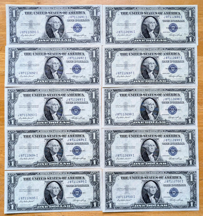 Set of 10 1935 E Silver Certificate 1 Dollar Consecutive Notes - Sequential Serial Numbers - 1935E One Dollar Blue Seal Note - Fr#1614