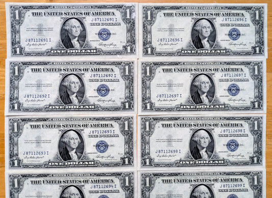 Set of 10 1935 E Silver Certificate 1 Dollar Consecutive Notes - Sequential Serial Numbers - 1935E One Dollar Blue Seal Note - Fr#1614
