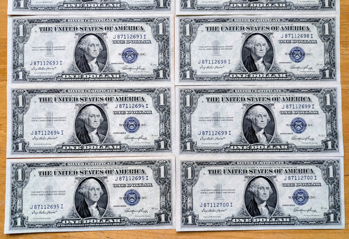 Set of 10 1935 E Silver Certificate 1 Dollar Consecutive Notes - Sequential Serial Numbers - 1935E One Dollar Blue Seal Note - Fr#1614